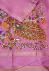 Lilac Pink - Premium Vasundra Printed Silk Checks body with Kalamkari Pallu and Blouse - Best for Small Functions