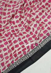 Ivory with Pink - Pure Cotton Saree with with Jaipur baby elephant Prints - Perfect for Office Wear | Casual Wear