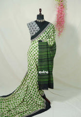 Ivory with Green - Pure Cotton Saree with with Jaipur baby elephant Prints - Perfect for Office Wear | Casual Wear