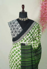 Ivory with Green - Pure Cotton Saree with with Jaipur baby elephant Prints - Perfect for Office Wear | Casual Wear