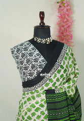 Ivory with Green - Pure Cotton Saree with with Jaipur baby elephant Prints - Perfect for Office Wear | Casual Wear