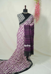 Ivory with Purple - Pure Cotton Saree with with Jaipur baby elephant Prints - Perfect for Office Wear | Casual Wear