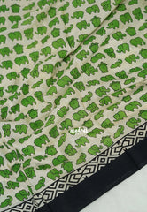 Ivory with Green - Pure Cotton Saree with with Jaipur baby elephant Prints - Perfect for Office Wear | Casual Wear