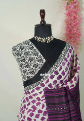 Ivory with Purple - Pure Cotton Saree with with Jaipur baby elephant Prints - Perfect for Office Wear | Casual Wear