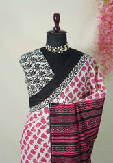 Ivory with Pink - Pure Cotton Saree with with Jaipur baby elephant Prints - Perfect for Office Wear | Casual Wear