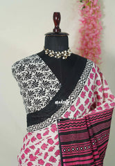 Ivory with Pink - Pure Cotton Saree with with Jaipur baby elephant Prints - Perfect for Office Wear | Casual Wear