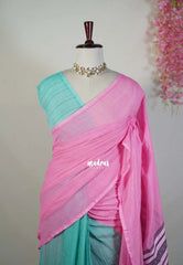 Pink & Turquoise Blue - Pure Cotton Saree Partly Pallu Traditional Odisha Kotpad Weaving - Perfect for Regular Wear | Casual Wear | Summer Wear