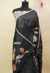 Black Pearl - Pure Kota silk saree with pen kalamkari patch work peacock motif