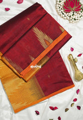 Araku Maroon - Meenakshi - Light Weight Pure Silk Cotton Saree with Temple Border Contrast Pallu and Blouse - Perfect for Wedding Functions