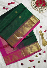 Dark Green - Meenakshi - Light Weight Pure Silk Cotton Saree with Rudraksham, Temple Border Contrast Pallu and Blouse - Perfect for Wedding Functions
