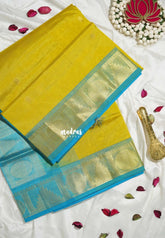 Greenish Yellow - Meenakshi - Light Weight Pure Silk Cotton Saree with Rudraksham, Temple Border Contrast Pallu and Blouse - Perfect for Wedding Functions