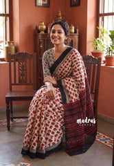 Ivory with Brick Red - Pure Cotton Saree with with Jaipur baby elephant Prints - Perfect for Office Wear | Casual Wear