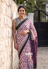 Ivory with Purple - Pure Cotton Saree with with Jaipur baby elephant Prints - Perfect for Office Wear | Casual Wear