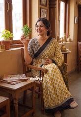 Ivory with Mustard Yellow - Pure Cotton Saree with with Jaipur baby elephant Prints - Perfect for Office Wear | Casual Wear
