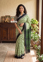 Ivory with Green - Pure Cotton Saree with with Jaipur baby elephant Prints - Perfect for Office Wear | Casual Wear