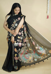 Black Pearl - Pure Kota silk saree with pen kalamkari patch work peacock motif
