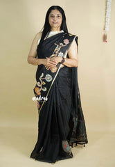 Black Pearl - Pure Kota silk saree with pen kalamkari patch work peacock motif