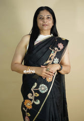 Black Pearl - Pure Kota silk saree with pen kalamkari patch work peacock motif