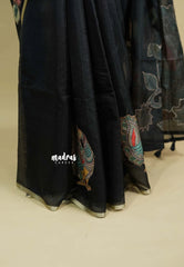 Black Pearl - Pure Kota silk saree with pen kalamkari patch work peacock motif