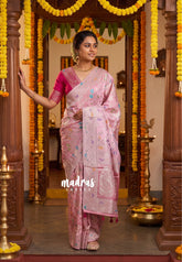 Muted Pink - Sowbhagya – Precision Weaving Pure Mulberry Silk with Contrast Blouse - Perfect for Functions