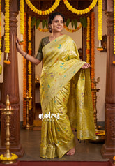 Greenish Yellow - Sowbhagya – Precision Weaving Pure Mulberry Silk with Contrast Blouse - Perfect for Functions