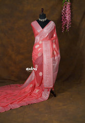 Dark Peach - Banarasi Chinon Silk with Floral Border - Best for Night Functions