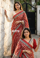 Brick Red - Pure Cotton Saree with with Jaipur baby elephant Prints - Perfect for Office Wear | Casual Wear