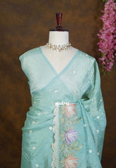 Seafoam Green - Roshini - Pure Crushed Tissue Silk with Embroidery Work with Scallop - Best for Evening Functions