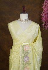 Pastel Muted Yellow - Roshini - Pure Crushed Tissue Silk with Embroidery Work with Scallop - Best for Evening Functions
