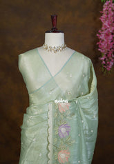 Sage Green - Roshini - Pure Crushed Tissue Silk with Embroidery Work with Scallop - Best for Evening Functions