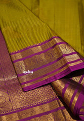 Fresh Olive Green - Kumudavalli - Pure Kanchivaram Wedding Bridal Silk Saree Checks with Leaf Buttas and Peacock Border - Perfect for Wedding Functions