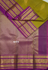 Fresh Olive Green - Kumudavalli - Pure Kanchivaram Wedding Bridal Silk Saree Checks with Leaf Buttas and Peacock Border - Perfect for Wedding Functions