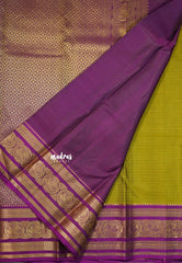Fresh Olive Green - Kumudavalli - Pure Kanchivaram Wedding Bridal Silk Saree Checks with Leaf Buttas and Peacock Border - Perfect for Wedding Functions