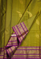 Fresh Olive Green - Kumudavalli - Pure Kanchivaram Wedding Bridal Silk Saree Checks with Leaf Buttas and Peacock Border - Perfect for Wedding Functions