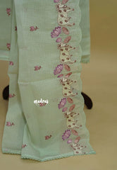 Amitha – Pastel Sea Green Pure kota silk with pichwai cow embroidery yoke and scallop work dupatta