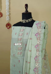 Amitha – Pastel Sea Green Pure kota silk with pichwai cow embroidery yoke and scallop work dupatta
