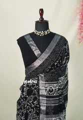 Jet Black - Pure Linen Cotton Saree with Silver Border - Perfect for Office Wear | Casual Wear | Summer