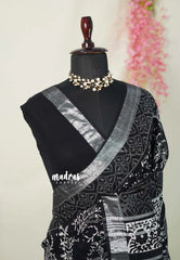 Jet Black - Pure Linen Cotton Saree with Silver Border - Perfect for Office Wear | Casual Wear | Summer