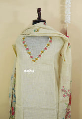 Amitha – Ivory Cream Premium linen Salwar Suit with Floral Digital Prints + Hand-Stitched Embroidery
