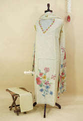 Amitha – Ivory Cream Premium linen Salwar Suit with Floral Digital Prints + Hand-Stitched Embroidery