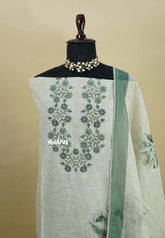 Amitha – Ivory with Sage Green Pure linen salwar set with  Digital Prints + Hand-Stitched Embroidery
