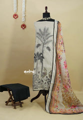 Amitha – Ivory with Black Pure linen salwar set with Digital Prints + Hand-Stitched Embroidery