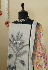 Amitha – Ivory with Black Pure linen salwar set with Digital Prints + Hand-Stitched Embroidery