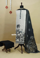 Amitha – White with Black Pure linen salwar set with  Digital Prints + Hand-Stitched Embroidery
