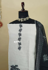 Amitha – White with Black Pure linen salwar set with  Digital Prints + Hand-Stitched Embroidery