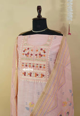 Amitha – Peach Pink Pure linen salwar set with Embroidery Yoke and Jamdani Prints