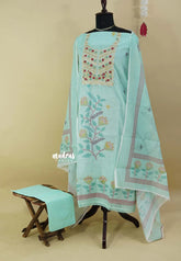 Amitha – Sea Green Pure linen salwar set with Embroidery Yoke and  Jamdani Prints