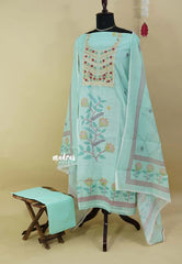 Amitha – Sea Green Pure linen salwar set with Embroidery Yoke and Jamdani Prints