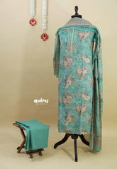 Amitha – Seafoam Blue Pink Pure linen salwar set with  Digital Prints + Hand-Stitched Embroidery