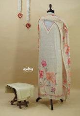 Amitha – Beige Sandal Premium linen Salwar Suit with Floral Digital Prints + Hand-Stitched Embroidery